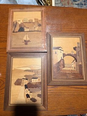 Italian Wood Inlay Coastal Wall Art Set - Brown/Tan